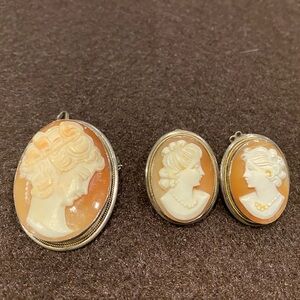 Antique Shell Cameo Earrings and Pendant/Brooch Set